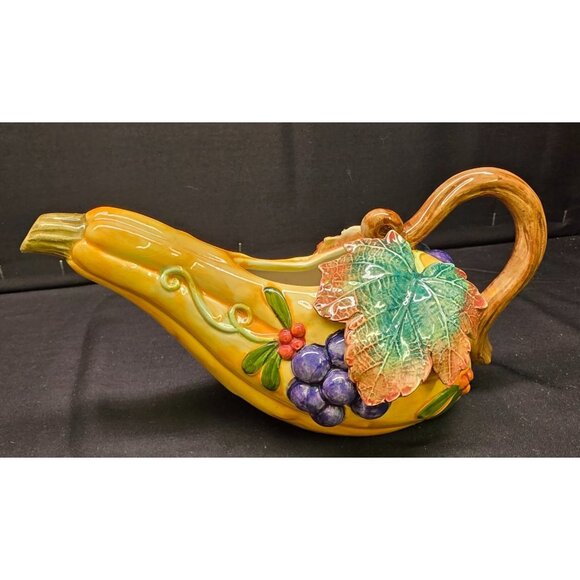 Vintage Fitz & Floyd Thanksgiving Banquet Pumpkin Squash Gourd Shaped Gravy Boat - Picture 1 of 9